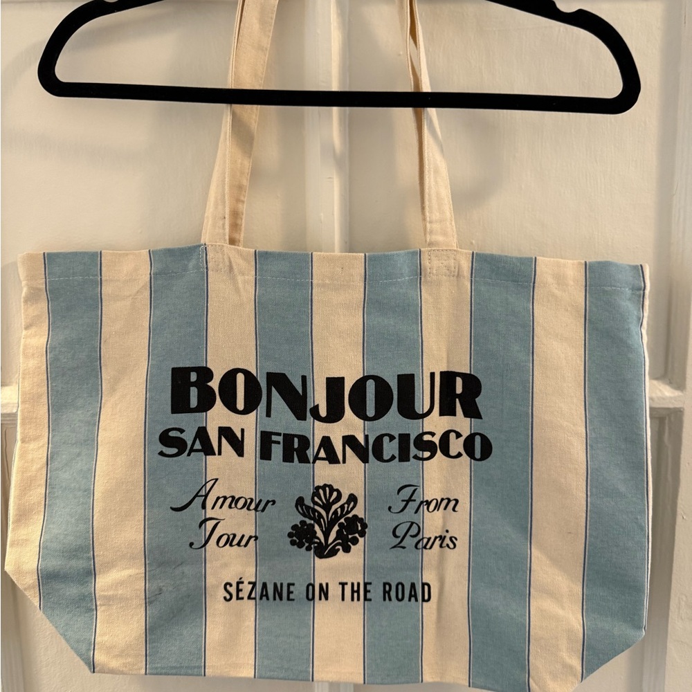 Sezane Striped Blue and Cream Tote Bag “Bonjour San Francisco”
